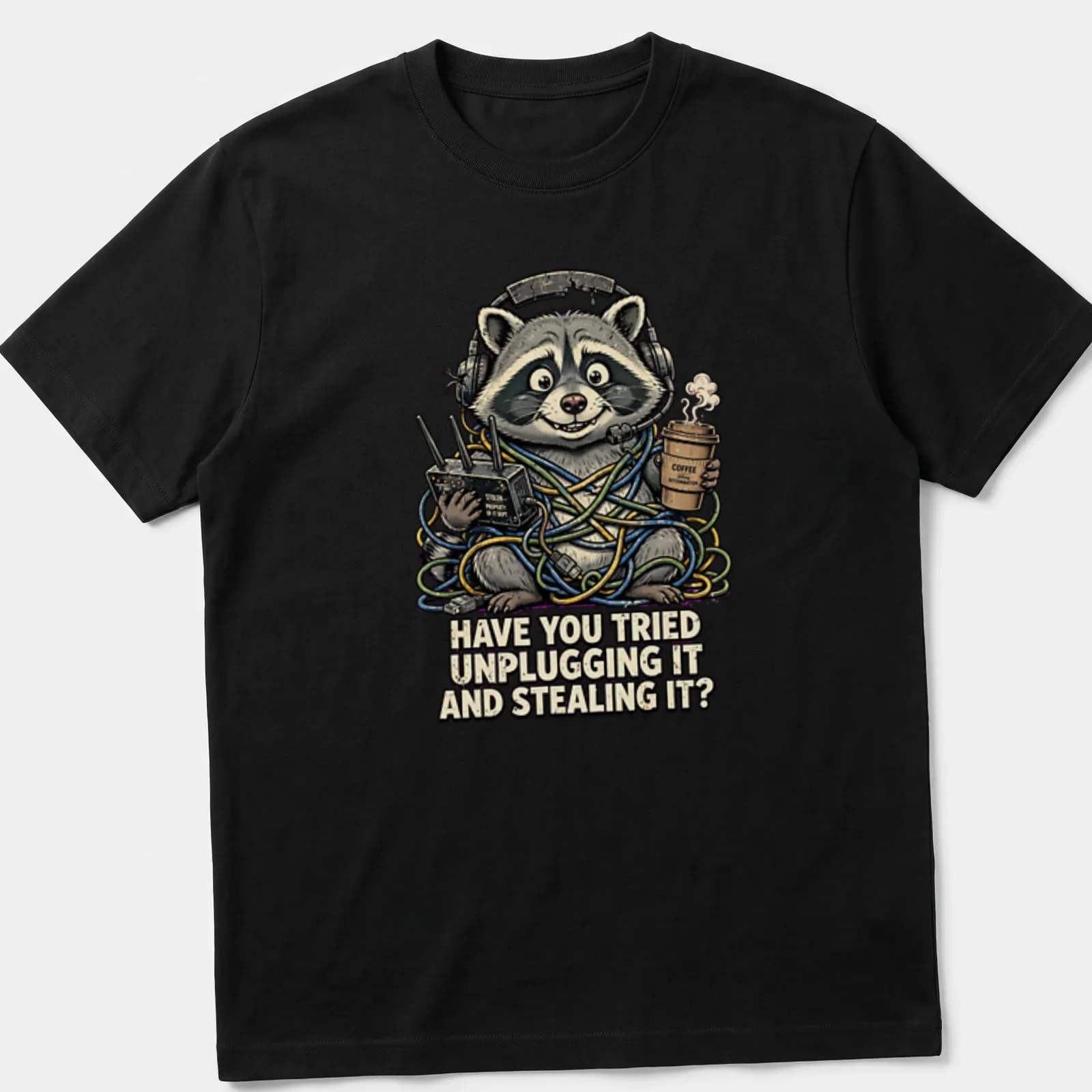 Cartoon raccoon with humorous tech support text design on — printed on a unisex t-shirt