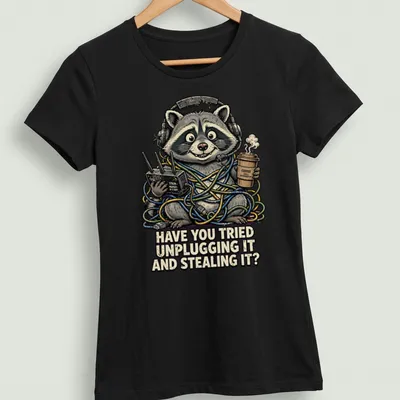 Cartoon raccoon with humorous tech support text design on — printed on a women's shirt