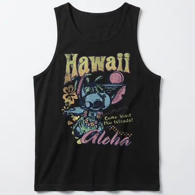 Vintage tropical shirt featuring an alien in holiday attire and vibrant colors — printed on a tank top