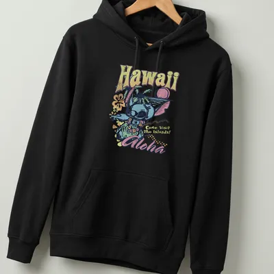 Vintage tropical shirt featuring an alien in holiday attire and vibrant colors — printed on a unisex hoodie