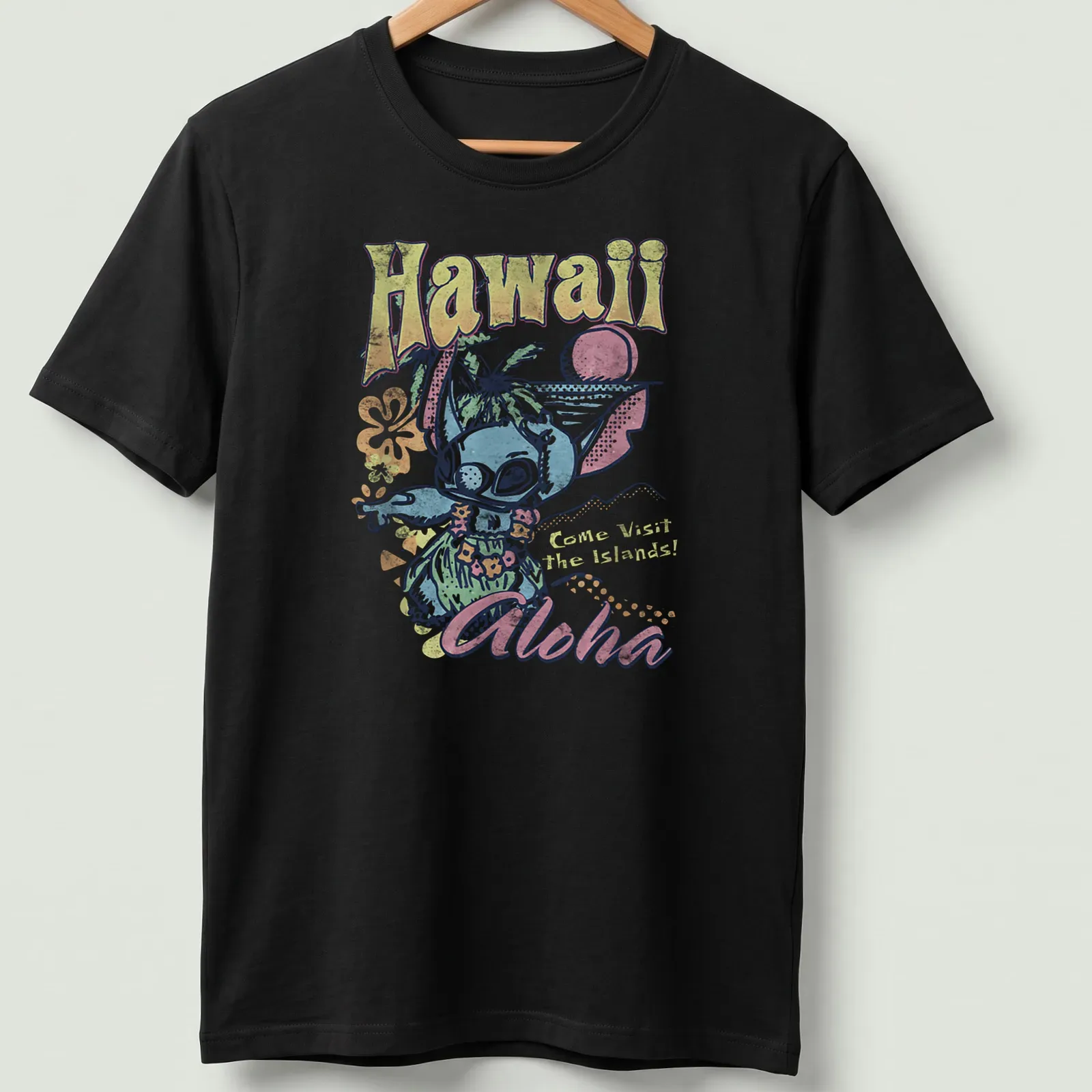 Vintage tropical shirt featuring an alien in holiday attire and vibrant colors — printed on a unisex t-shirt