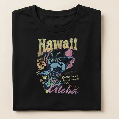 Vintage tropical shirt featuring an alien in holiday attire and vibrant colors — printed on a women's shirt