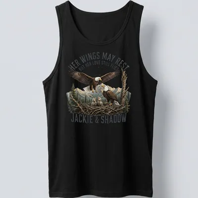 Illustration of a bald eagle family with a sentimental message about love. — printed on a tank top