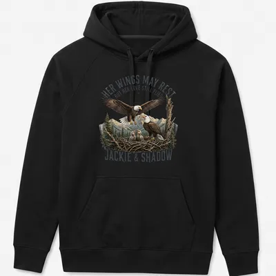 Illustration of a bald eagle family with a sentimental message about love. — printed on a unisex hoodie