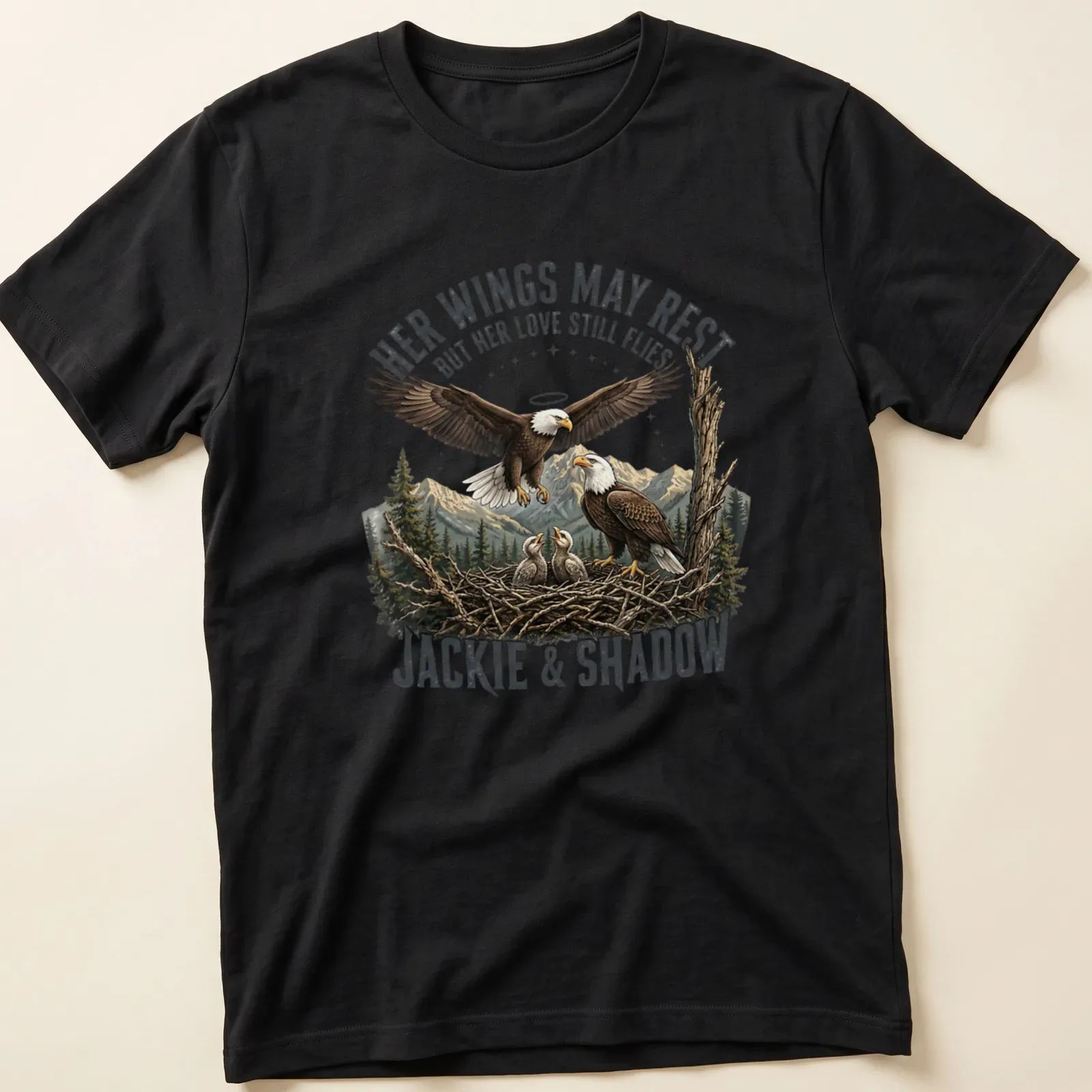 Illustration of a bald eagle family with a sentimental message about love. — printed on a unisex t-shirt