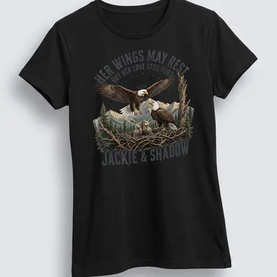 Illustration of a bald eagle family with a sentimental message about love. — printed on a women's shirt