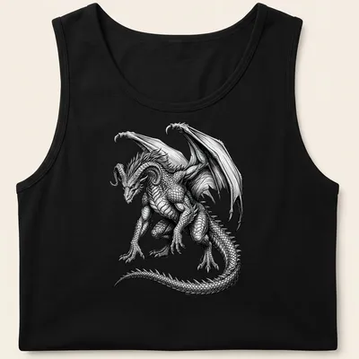 Vintage engraving of a horned dragon in black and white on a — printed on a tank top