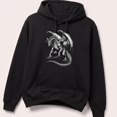 Vintage engraving of a horned dragon in black and white on a — printed on a unisex hoodie