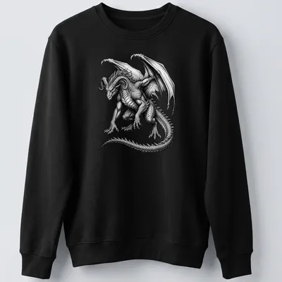 Vintage engraving of a horned dragon in black and white on a — printed on a unisex sweatshirt