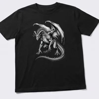 Vintage engraving of a horned dragon in black and white on a t-shirt