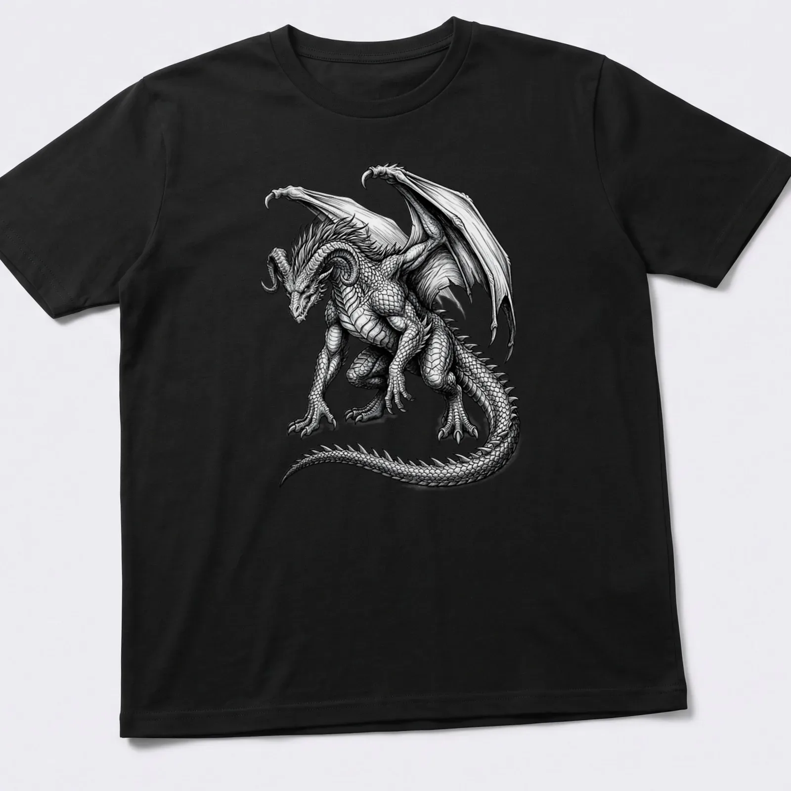 Vintage engraving of a horned dragon in black and white on a — printed on a unisex t-shirt