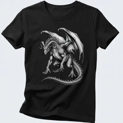 Vintage engraving of a horned dragon in black and white on a — printed on a women's shirt