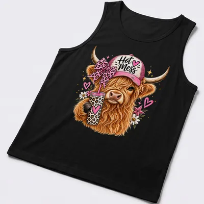 Whimsical illustration of a Highland cow with leopard accents and coffee, in colorful style. — printed on a tank top