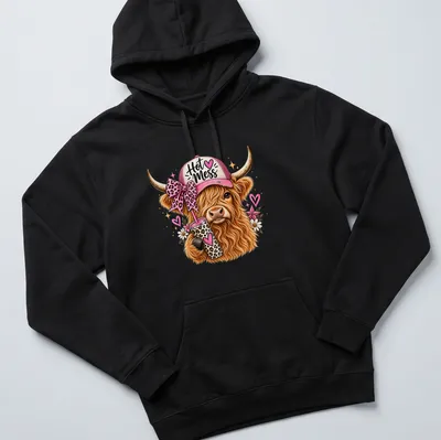 Whimsical illustration of a Highland cow with leopard accents and coffee, in colorful style. — printed on a unisex hoodie