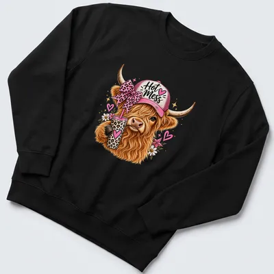 Whimsical illustration of a Highland cow with leopard accents and coffee, in colorful style. — printed on a unisex sweatshirt