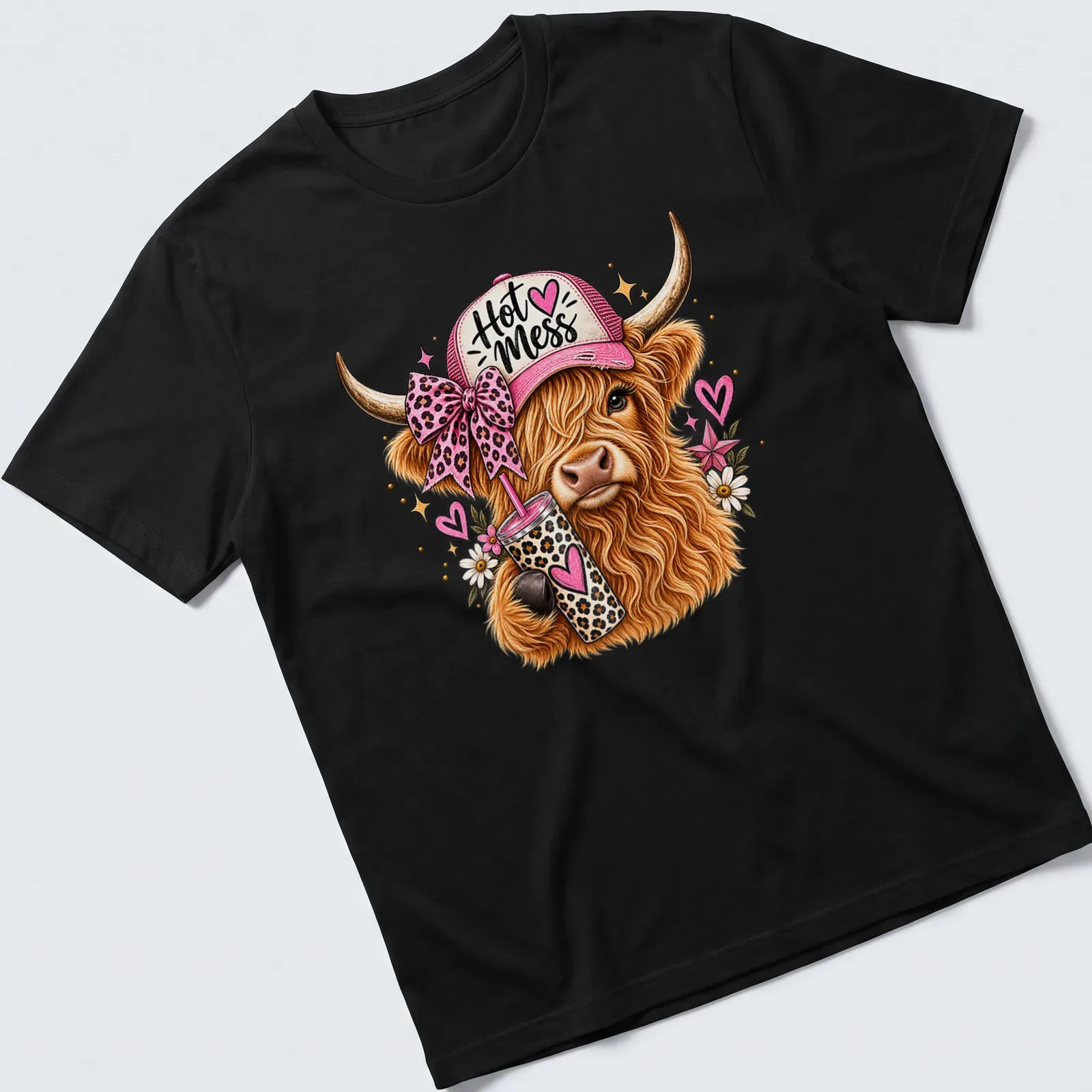 Whimsical illustration of a Highland cow with leopard accents and coffee, in colorful style. — printed on a unisex t-shirt