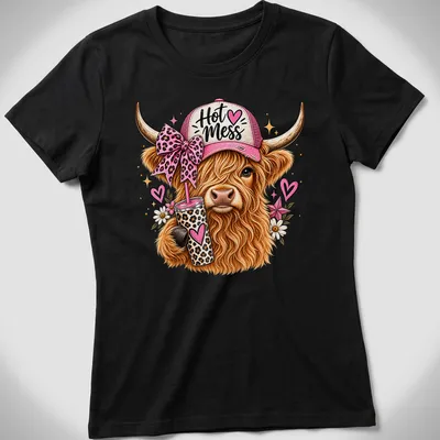Whimsical illustration of a Highland cow with leopard accents and coffee, in colorful style. — printed on a women's shirt