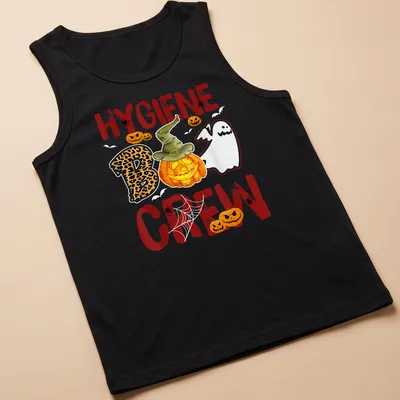Whimsical illustration of a pumpkin and ghost with 'Hygiene Boo Crew' text — printed on a tank top