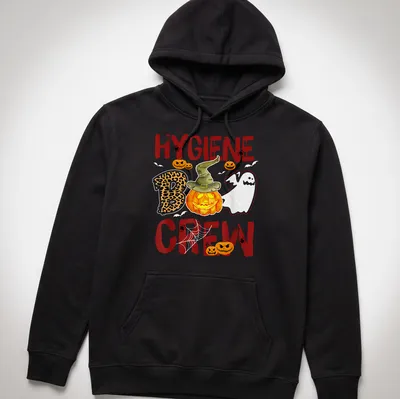 Whimsical illustration of a pumpkin and ghost with 'Hygiene Boo Crew' text — printed on a unisex hoodie