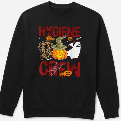 Whimsical illustration of a pumpkin and ghost with 'Hygiene Boo Crew' text — printed on a unisex sweatshirt