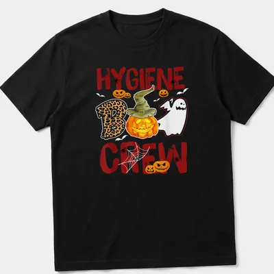 Whimsical illustration of a pumpkin and ghost with 'Hygiene Boo Crew' text