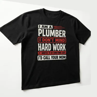 Bold vintage design featuring plumber humor in red and cream text — printed on a unisex t-shirt (angled view)