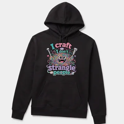 Kawaii cartoon yarn monster with colorful features and humorous text about crafting. — printed on a unisex hoodie