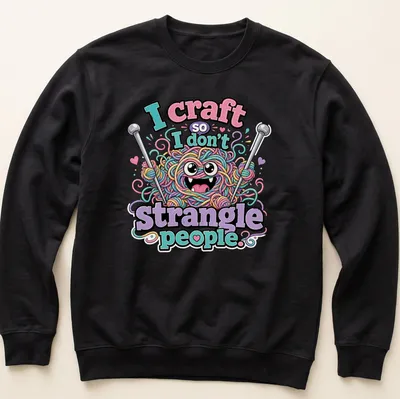 Kawaii cartoon yarn monster with colorful features and humorous text about crafting. — printed on a unisex sweatshirt
