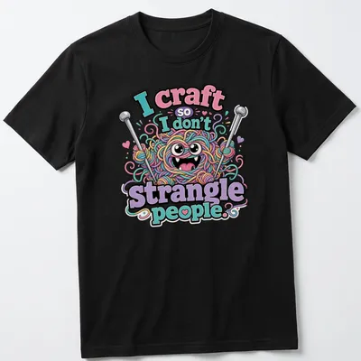 Kawaii cartoon yarn monster with colorful features and humorous text about crafting.