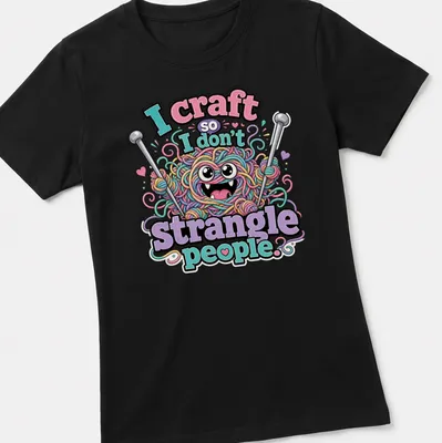 Kawaii cartoon yarn monster with colorful features and humorous text about crafting. — printed on a women's shirt