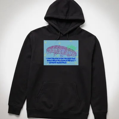 Colorful cartoon of a sentient water bear with a humorous quote about belief. — printed on a unisex hoodie