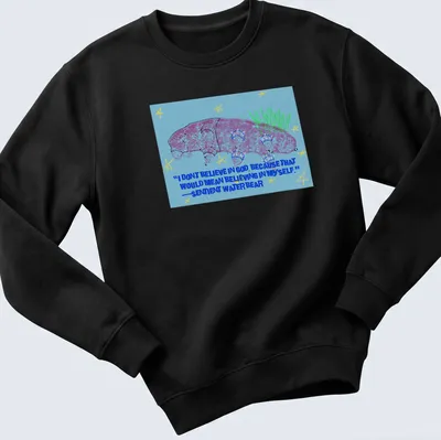 Colorful cartoon of a sentient water bear with a humorous quote about belief. — printed on a unisex sweatshirt