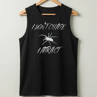 Minimalist spider design with bold text reading 'I Don’t Chase I Attract' in black and white. — printed on a tank top