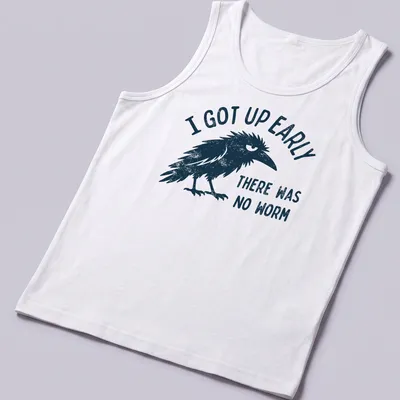 Vintage distressed t-shirt with a black bird and humorous text about early mornings. — printed on a tank top