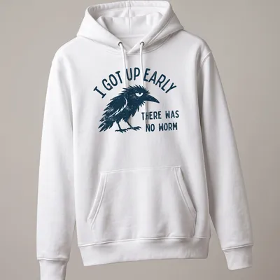 Vintage distressed t-shirt with a black bird and humorous text about early mornings. — printed on a unisex hoodie