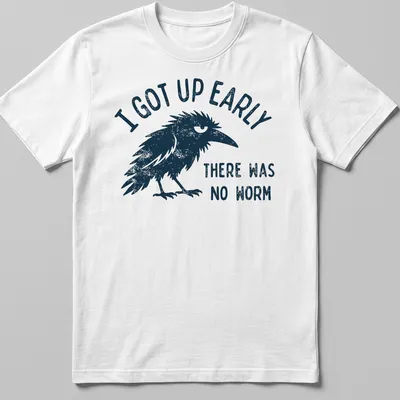 Vintage distressed t-shirt with a black bird and humorous text about early mornings.