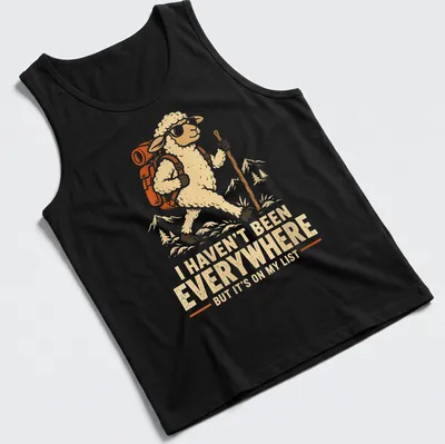 Vintage-style t-shirt with hiking sheep and travel-themed text — printed on a tank top