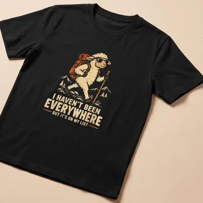 Vintage-style t-shirt with hiking sheep and travel-themed text