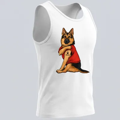 Cartoon German Shepherd with heart graphic and 'I Love Mom' text — printed on a tank top