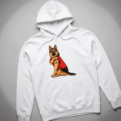 Cartoon German Shepherd with heart graphic and 'I Love Mom' text — printed on a unisex hoodie