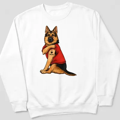 Cartoon German Shepherd with heart graphic and 'I Love Mom' text — printed on a unisex sweatshirt