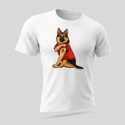 Cartoon German Shepherd with heart graphic and 'I Love Mom' text — printed on a unisex t-shirt (angled view)