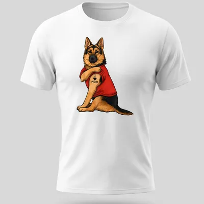 Cartoon German Shepherd with heart graphic and 'I Love Mom' text