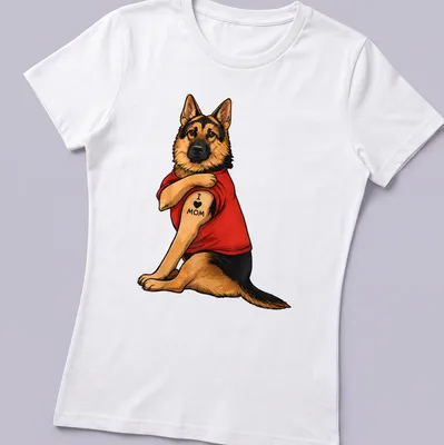 Cartoon German Shepherd with heart graphic and 'I Love Mom' text — printed on a women's shirt