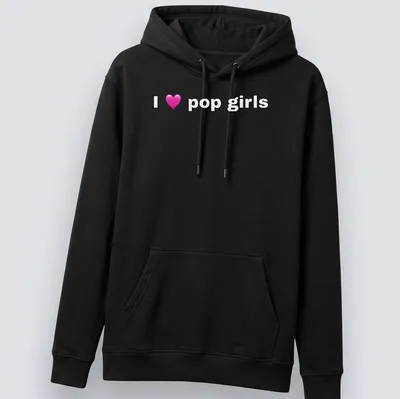 Playful typography t-shirt featuring the text I love pop girls with a heart symbol — printed on a unisex hoodie