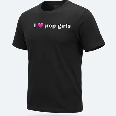 Playful typography t-shirt featuring the text I love pop girls with a heart symbol