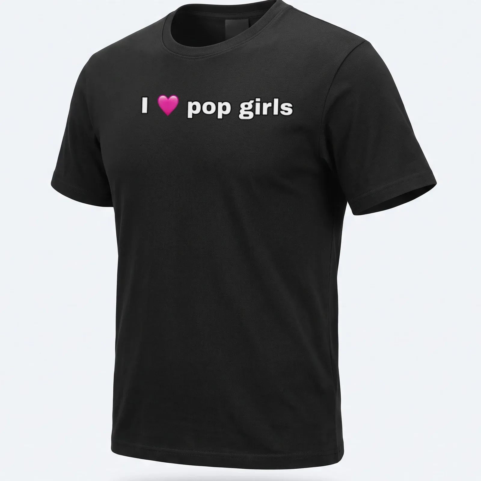 Playful typography t-shirt featuring the text I love pop girls with a heart symbol — printed on a unisex t-shirt