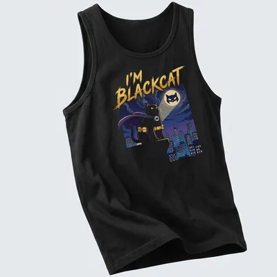 Cartoon print of a superhero cat on a rooftop with bold colors — printed on a tank top
