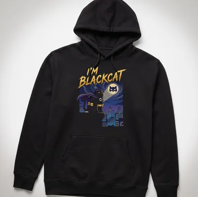 Cartoon print of a superhero cat on a rooftop with bold colors — printed on a unisex hoodie