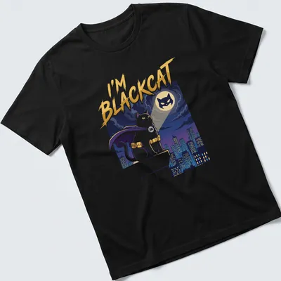 Cartoon print of a superhero cat on a rooftop with bold colors